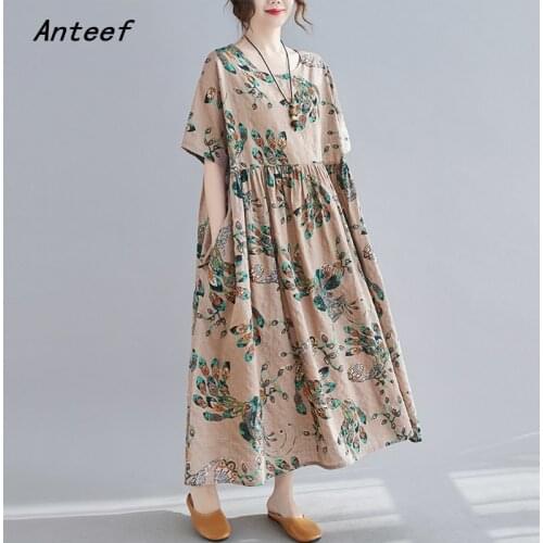 Short sleeve cotton vintage floral dresses for women casual loose long woman summer sun dress elegant clothes 2021