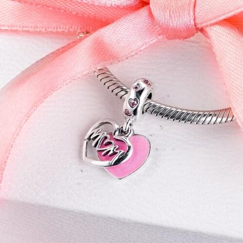 Mom Script Heart Dangle Charm 100% 925 Sterling Silver Beads Fit Bracelets Necklaces DIY Jewelry for Women Gift 021205