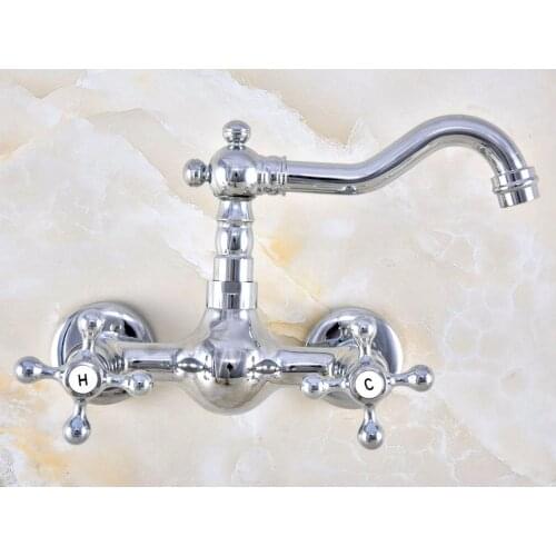 Polished Chrome Brass Wall Mount Bathroom Basin Kitchen Sink Faucet Swivel Spout Mixer Tap Dual Cross Handles Levers anf577