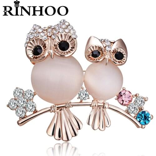 Rinhoo Fashion Delicate Owl Brooches Elegant Crystal Opal Stone Animal Cat Owl Butterfly Bee Plant Flower Leaf Lapel Pins Badges
