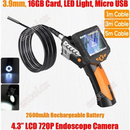 720P HD Handheld 3.9mm 1M 3M Flex Endoscope Camera 4.3" LCD Monitor LED Flashlight Snake Tube Pipe Inspection Borescope