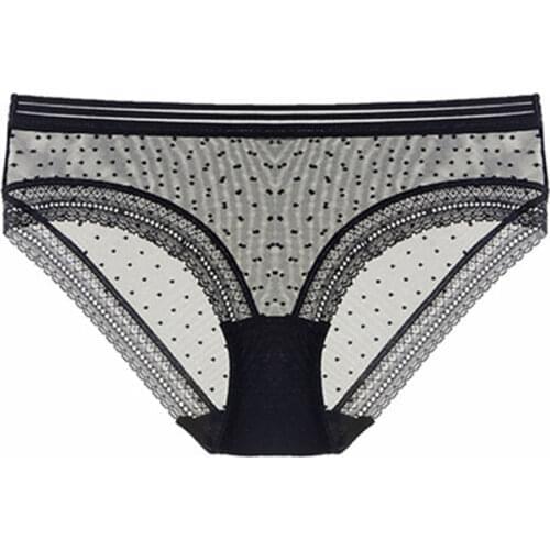 Low-waist Mesh Lace Wrap Hip Briefs Polka-Dot Sexy See-Through Pure Cotton Bottoms Breathable Ladies Underwear