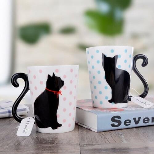 Cute black cat ceramic coffee cup Creative Cat Tail Handle Couple Cups