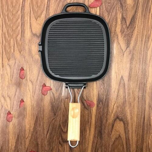 Induction Grill Pan Wooden Handle 25cm Nonstick Frying Pan Meat Fish Griddle