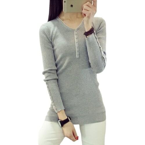 Spring Autumn Winter New Sweater Women Korean Thin Sleeve Knit Sweaters Female Scalp V-neck Button Shirt Slim Vestidos LXJ042