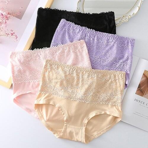 Large Size Womens Cotton Underwear Lace Panties Womens Solid Color Briefs High Waist Sexy Female Underpants Seamless Panties