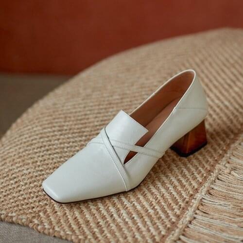 2021 Spring/Autumn New Women Shoes Square Toe Square Heels Pumps Genuine Leather Heels for Women Solid Womens Mid-heel Loafers