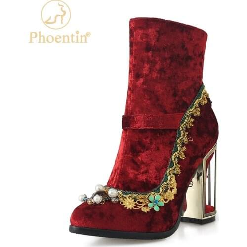 Phoentin Womens Wedding Crystal Ankle velvet boots Autumn winter luxury Fretwork super High Heels Rhinestones Shoes FT1670