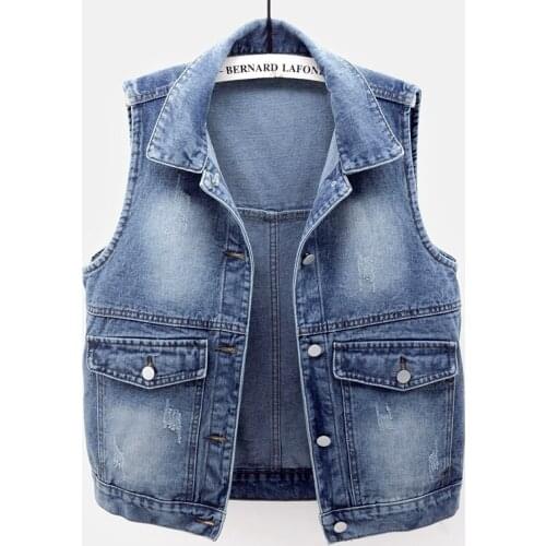 Spring New Korean Fashion Big Pocket Denim Vest Women Waistcoat Blue Frayed Jeans Vest Slim Short Denim Sleeveless Jacket Female