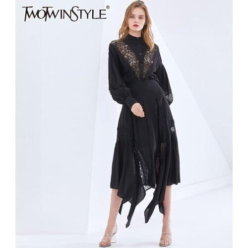 TWOTWINSTYLE Patchwork Lace White Set For Women Stand Collar Lantern Sleeve Tops High Waist Irregular Hem Skirts Female Suit New