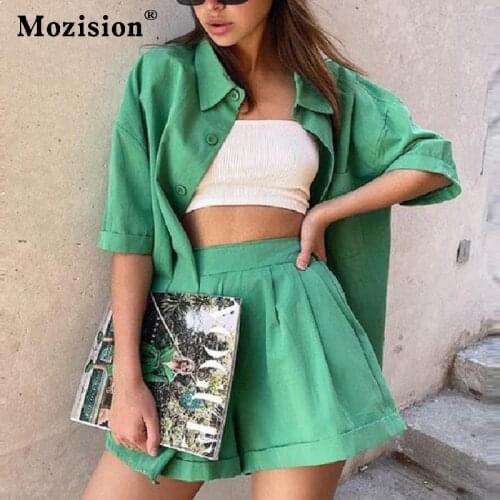Mozision Summer Tracksuit Women 2021 Lounge Wear Shorts Set Short Sleeve Shirt Tops And Loose Mini Shorts Suit Two Piece Set