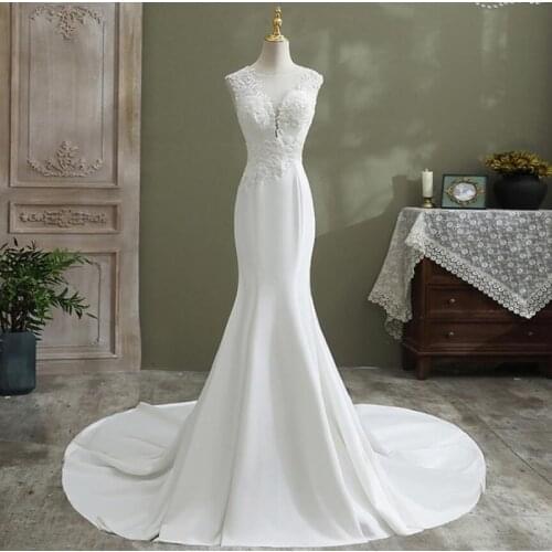 Ivory O-Neck Sleeveless Sweep Train Mermaid Satin Wedding Dress Bride Gown Vestidos De Novia