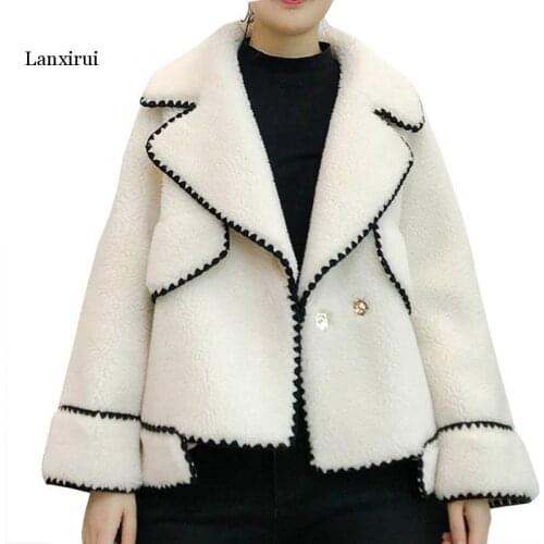 Winter Elegant Lanxirui Fur Womens Lambs Coats Trench Black White Woman Warm Female Faux Suede Woolen Overcoat Coat Outerwear