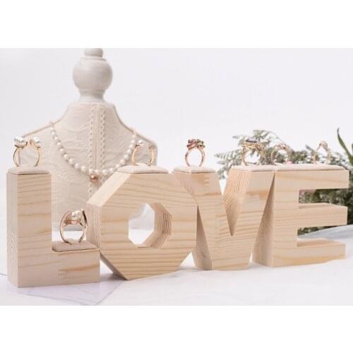 1 Set LOVE Shaped Wood Rings Display Stand, Wooden Jewelry Rack Showcase Organizer, Shop Counter Decor