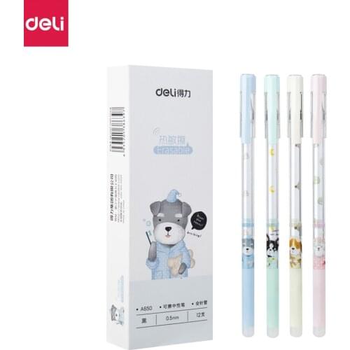 Deli 12pcs/set Erasable Gel Pen 0.5MM Black Ink Erasable Writing Pens Plastic Gel Pens For School Office Business Stationery Pen