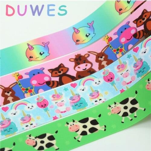 DUWES 1.5'' 50yards animal cow narwhal unicorn printed grosgrain Ribbon Accessory hairbow headwear decoration Wholesale OEM D853