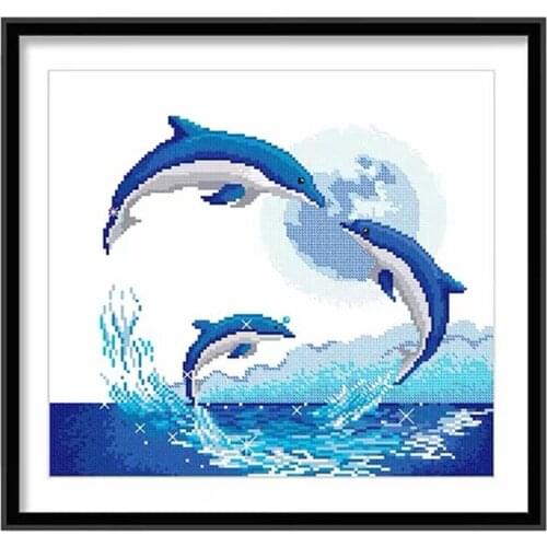 Jumping Dolphin Seascape Stamped Cross Stitch Kit Embroidery needlework set