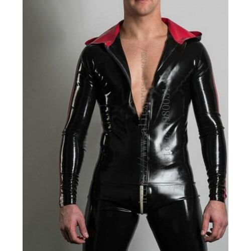 Cool mens Fetish black latex hoodie coat with red stripes decorations made of 0.4mm thickness natural latex materials