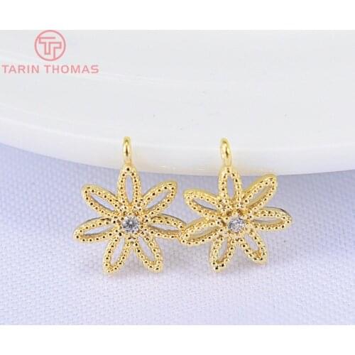 10PCS 10x14MM 24K Gold Color Plated Brass Flower with Zircon Pendant Charm High Quality DIY Jewelry Making Findings