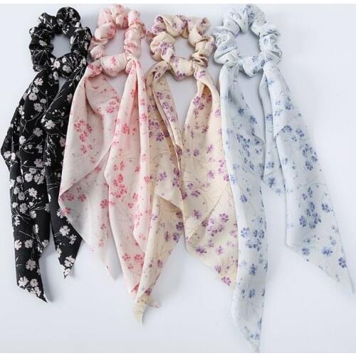 Fashion Floral Print Scrunchies Solid Color Hair Ribbon For Women Ponytail scarf Satin Silk Elastic Hair Bands Hair Accessories