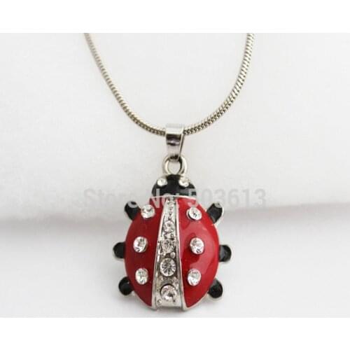 One piece Dull-Silver plated Alloy Enamel womens short ladybug rhinestone pendant necklace xy180