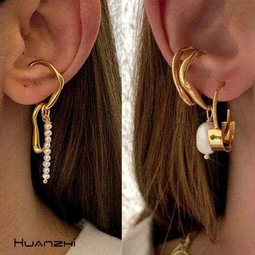HUANZHI 2020 New Natural Freshwater Pearl Tassel Gold Metal Ear Bone Clip Without Pierced for Women Girl Wedding Jewelry Girls