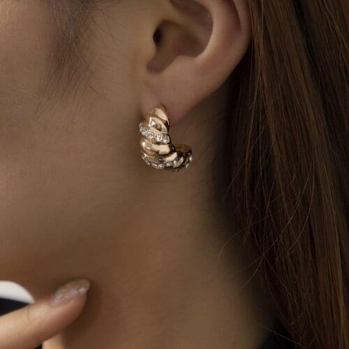 New Cold Wind Slightly Inlaid C-shaped Thread Earrings French Elegant Fashion Alloy Earrings European and American Style Jewelry