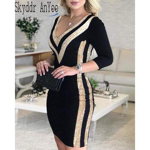 2020 Autumn Women Dress V-Neck Sequins Patchwork Bodycon Vestidos Casual Ladies Dresses