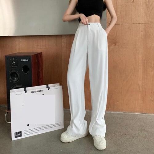 2021 Autumn Light Slim Wide Leg Pants With High Waist Loose Straight Women Trousers Black White Streetwear Clothes