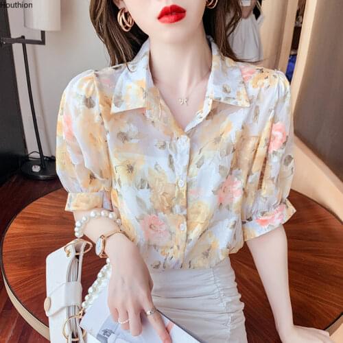 Polo Shirt Chiffon Loose Womens Blouses New Casual Blouse Fashion Short Sleeve Top Ink Flower Print Buttons Summer Houthion