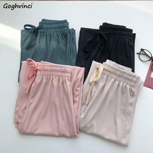 Drawstring Wide-leg Pants Women Solid Korean Style Loose Drape High Waist Oversize Stretch Streetwear Students Leisure Basic Ins