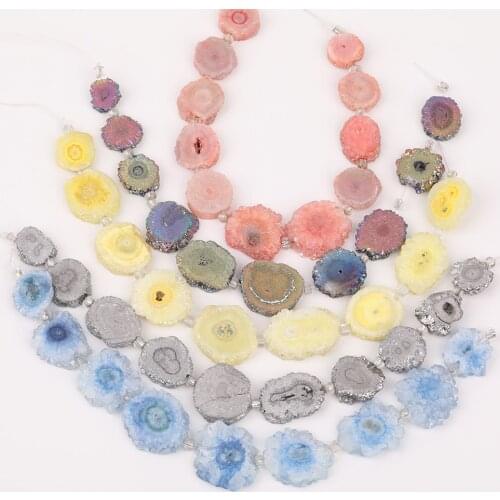 Freeform Solar Druzy Agates Slice Loose Beads Jewelry DIY,Middle Drilled Druzy Geode Sun Flower Slice Beads Strands XFX-174AMCE