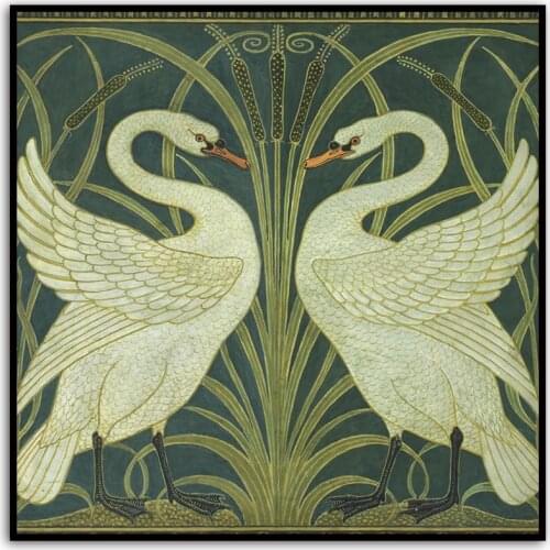 Vintage Poster Swans Canvas Print Wall Art Walter Crane Vintage Bird Swan Painting Antique Bird Cattails Art Nouveau Picture