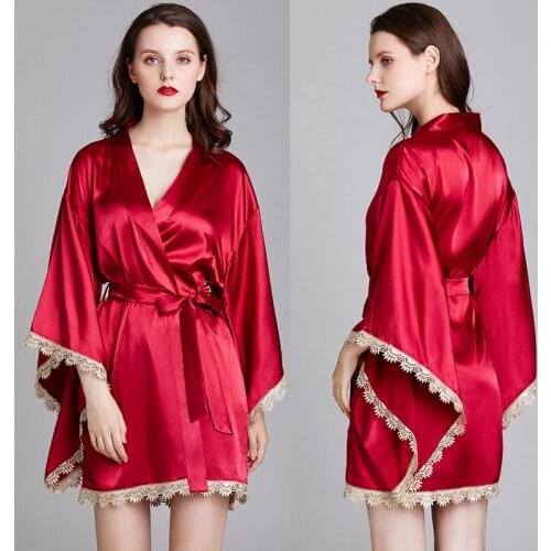 Ladies Spring/Summer Silk Nightgown Wedding Dressing-Gown Wide Sleeve Cardigan Gown Bridal Morning Gown Casual Home Clothing