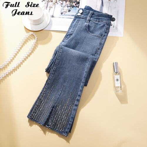 Street Plus Size Slit Studded Rhinestone Ripped Skinny Flared Capris Jeans 4XL Women Melody Blue Ankle Length Pencil Denim Pants