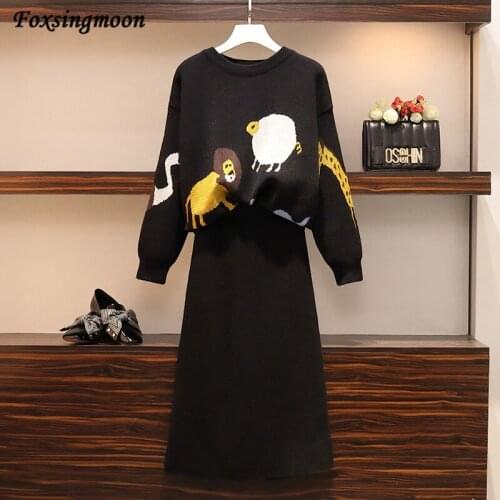 Knitted 2 Pieces Set Women Cartoon Pullovers Sweater Tops & Knitted Skirts Lady Skirts 2021 Winter Cloth Fashion Casual Suit