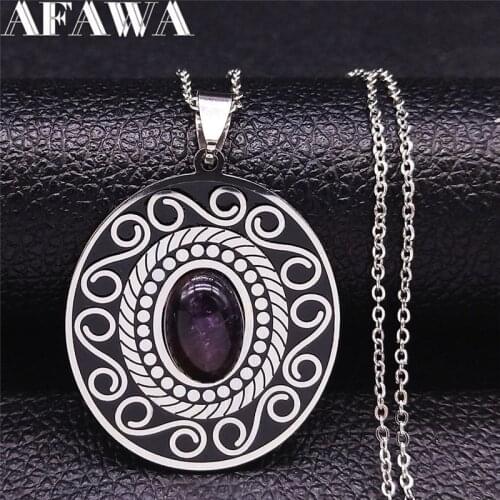 2021 Bohemia Flower Oval Stainless Steel Natural Purple Crystal Pendant Necklace Women/Men Silver Jewelry bijoux femme N3610S01