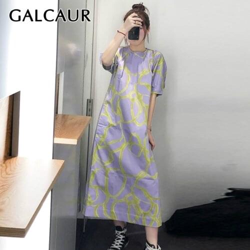 GALCAUR Print Dress For Women O Neck Puff Short Sleeve Loose Plus Size Sweet Style Mid Dresses Female 2020 Autumn Clothing