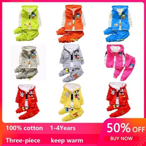 3Pcs 2021 Spring Autumn Kids Clothing Mickey Boys Sets Cotton Hooded Sweatshirt Coats Shirts Pants Suit Minnie Girls Clothes Set