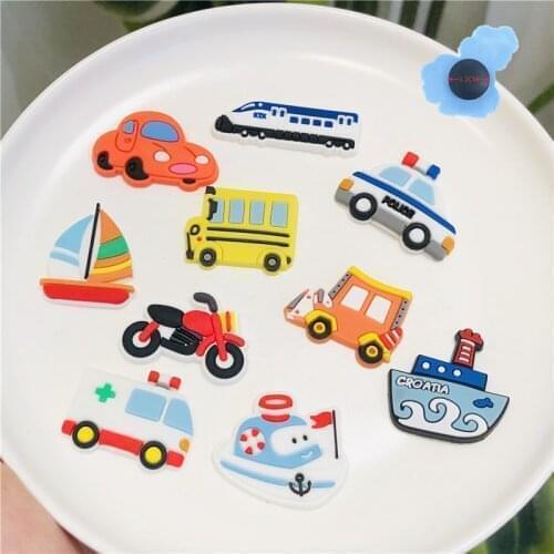 Free Shipping 50pcs Cartoon Car Toy Bus Traffic for Shoe Charms Shoes Accessories Buckle PVC Shoe Charms Kids Gift Croc Jibz