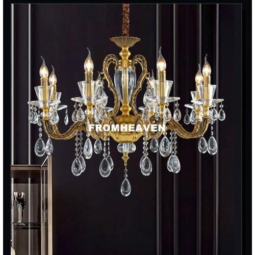 Free Shipping European Brass Antique Crystal Chandelier Crystal Hanging E14 LED AC Brass Crystal Lamp Lustre Suspension Lights