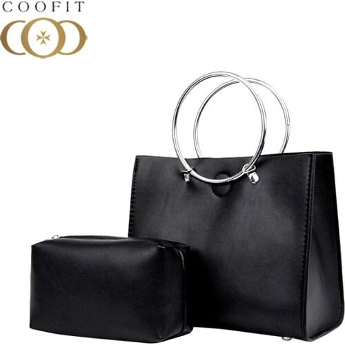 Coofit Female Fashionable Metal Circle Handle Handbags PU Leather Crossbody Bag Single Shoulder Messenger Bag With Clutch Wallet