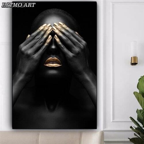 Canvas Posters Black Hand and Gold Lip Nude Woman Oil Painting on and Prints African Wall Art Canvas Painting for Room Decor