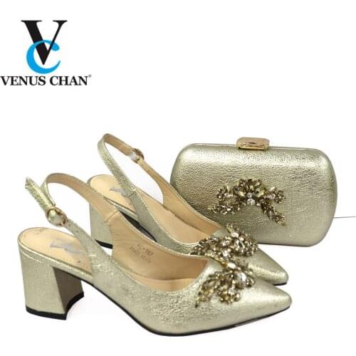 Italian Design Hot Selling Nigerian Party Women Shoes and Bag Set 2021 With Speical Narrow Band and Cross-tied in Golden Color