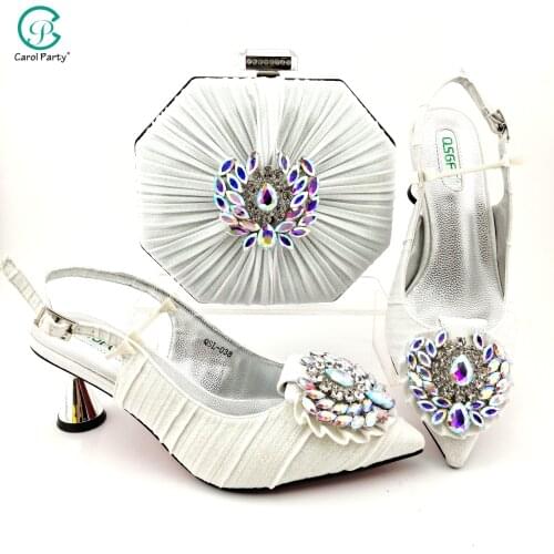 Italian Design 2021 New Arrival Fashion Colorful Crystal Decoration Style Women Shoes and Bag Set in White Color for Party