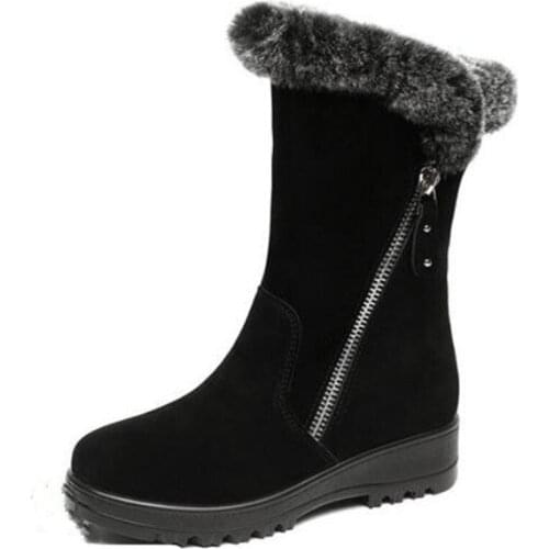 New Rabbit Hair Top Matte Cowhide Leather Boots In-tube Snow Boots Women Fashion Boots Non-slip Flat Winter Shoes Women Boots