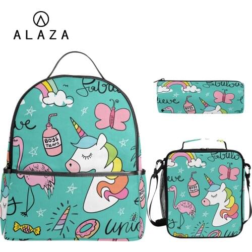 ALAZA unicorn print School Bag Set 3pcs Kids Backpack Mochila Escolar Infantil Children Pencil Shoulder Book Bags Boys Girls new