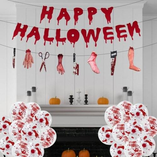 Halloween Party Decoration Set Scary Handprint&Footprint Pattered Latex Balloons Set Banner Balloon For Halloween Home Decor