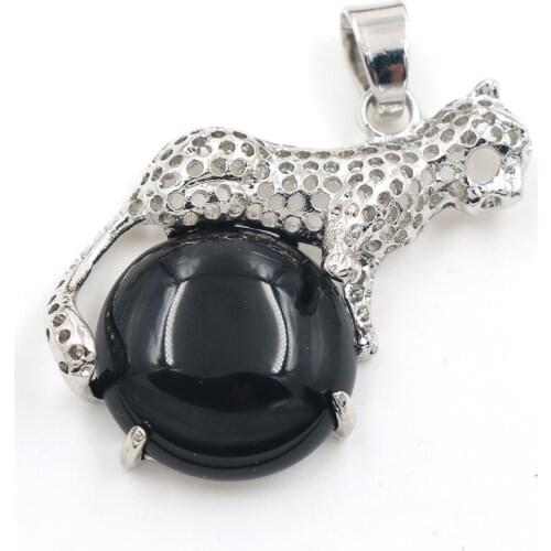 YJXP Ethnic Silver Plated Flower Leopard Shape Black Agates Bead Pendant Animal Jewelry