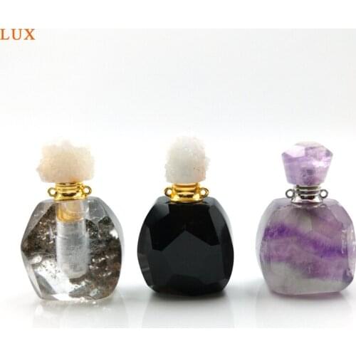 Hand carved Garden Crystal Perfume Bottle Pendants,obsidian fluorite Geode Druzy Caps Quartz Essential Oil Diffuser vial Jewelry